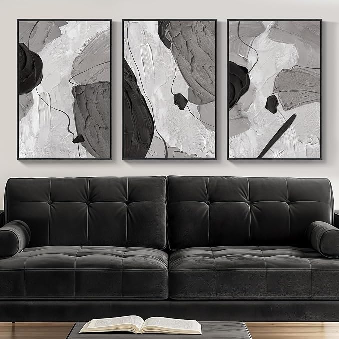 Framed Black and White Modern Abstract Wall Art, 3 Piece Canvas Prints Paintings Artwork for Walls, Minimalist Black White Grey Pictures for Living Room Dining Room Bedroom Office Wall Decor 16x24 In