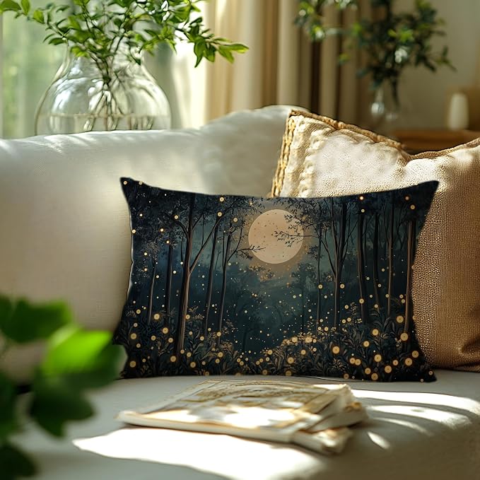 Rustic William Morris Inspired Gold Moon Pillow Covers 20x12,Vintage Black and Gold Forest Moon Botanical Nature Landscape Decorative Throw Pillow Covers for Home Bedroom Living Room