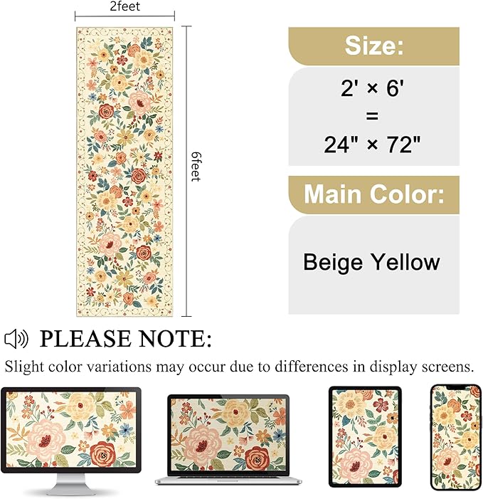 DUKINO 2x6 Hallway Runner Rug, Washable Kitchen Rugs Non Slip, Beige Yellow | Low Pile, Soft, Floral Indoor Rug for Entryway, Bedroom, Laundry, Bathroom, Pet Friendly, Lightweight, Modern Home Decor