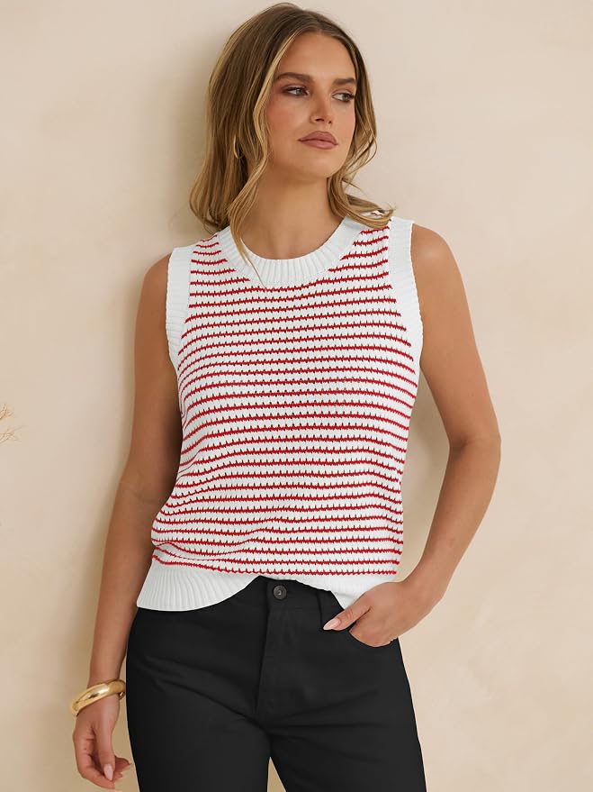 ANRABESS Womens Sleeveless Sweater Vest Striped Tank Tops | Crochet Knit Crew Neck, Lightweight Soft Comfy, Vacation Travel Work Casual Outfits, Sping Summer Layering Clothes