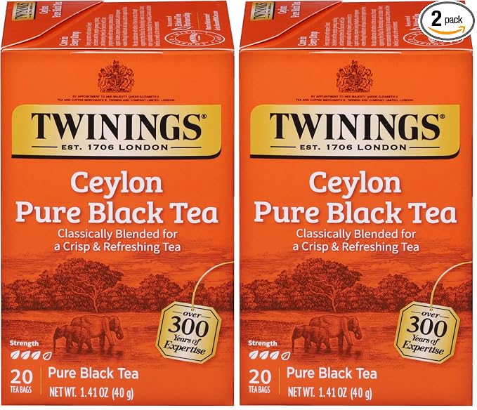 Twinings Ceylon Pure Black Tea Individually Wrapped Bags, 20 Count (Pack of 2), formerly Ceylon Orange Pekoe, Crisp, Refreshing, Caffeinated, Enjoy Hot or Iced, 20 Teabags