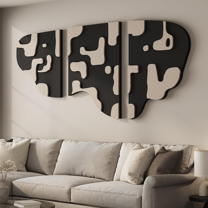 Large 3D Textured Modern Abstract Wall Art Decor for Living Room, 3 Piece Black and Beige Minimalist Artwork for Walls, Geometric Sandstone Texture Wall Decor for Hallway, Bedroom, Office, 24x36