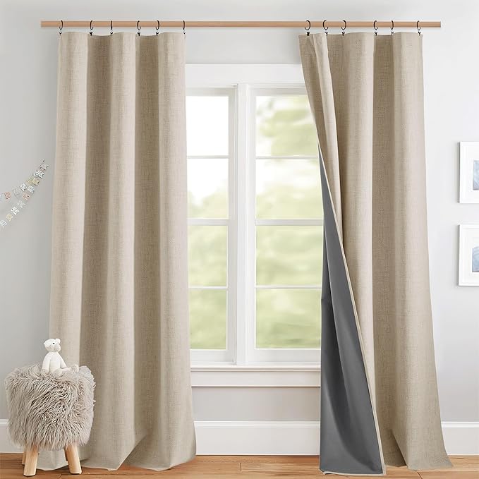 NICETOWN Beige Full Blackout Back Tab Linen Curtains 84" Long 2 Panels Set, Boho-Chic Thick Linen Blend Drapes, Insulated Window Cover Draperies with Grey Backing for Cottage Living Room (42" Wide)