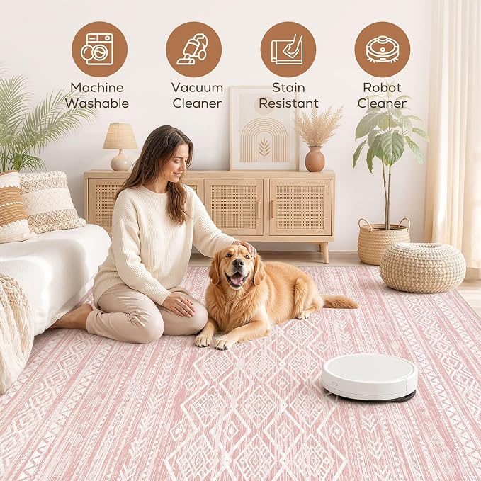 Nakagishi Area Rug Living Room Rugs: 10x12 Large Soft Machine Washable Boho Moroccan FarmNeutral Stain Resistant Indoor Floor Carpet for Bedroom Under Dining Table Home Office Decor-Pink