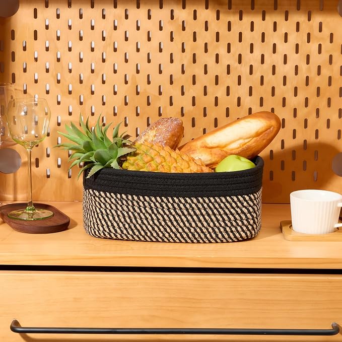MiniArk Small Storage Baskets for Organizing | Closet Organizer Bins | Shelf Toy Basket | Woven Rope Baskets | Cube Decorative Box | Shallow Basket | 11.5x7.5x4.7” | 3 Packs Black Brown