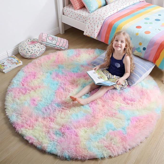 Amdrebio Rainbow Fluffy Round Rug 7Ft Kids Rugs for Girls Bedroom, Unicorn Room Decor, Colorful Pastel Big Large Carpet for Baby Nursery Playroom, Cute Shaggy Kawaii Circle Area Rug for Teen Princess