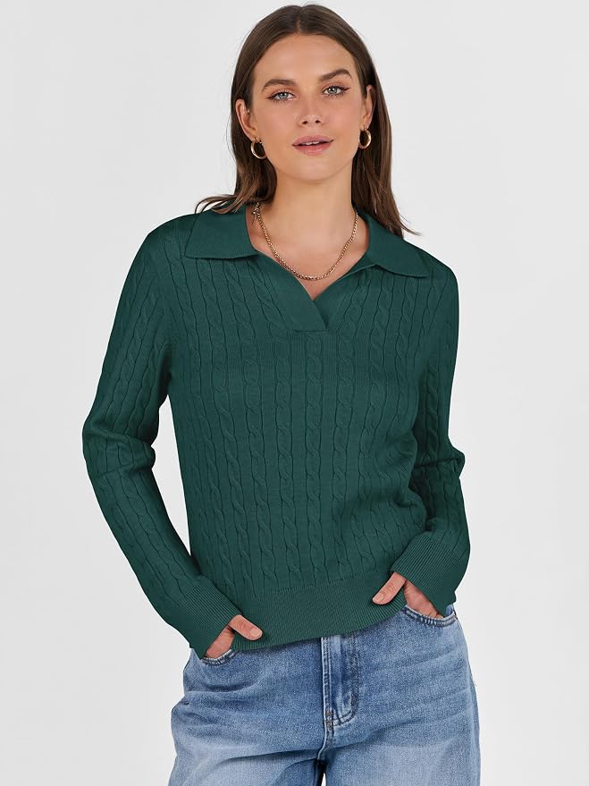 ANRABESS Womens Cable Knit Sweaters Long Sleeve V Neck | Pullover Collared Sweater Tops, Polo Knit Shirts, Business Casual Work, Tennis Golf, Fall Winter Fashion Outfits
