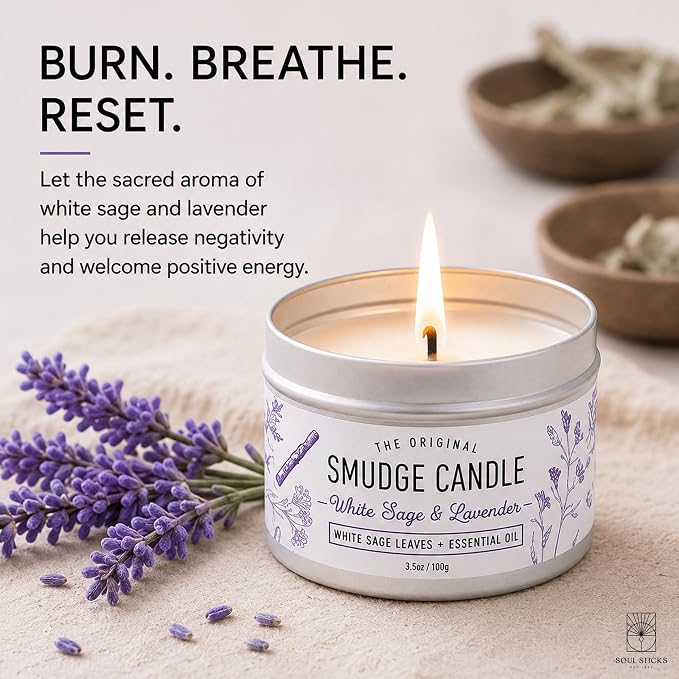 SOUL STICKS Smudge Candle for Cleansing House, Meditation, Chakra Healing, Aromatherapy (White Sage & Lavender)