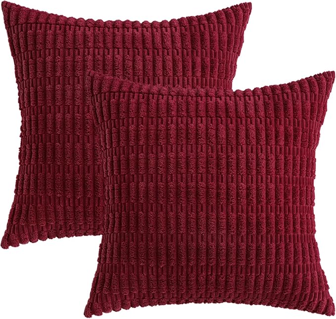 MIULEE Euro Sham Corduroy Decorative Throw Pillow Covers 22x22 Burgundy | Pack of 2 Soft Boho Striped Pillow Covers Modern Farmhouse Home Decor For Sofa Living Room Couch Bed