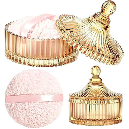 Big Body Powder Puff and Container, Glass Powder Container with Puff for Body and Face, Crystal Case and 6'' Soft Washable Reusable Velour Puff for Wet Dry Makeup（Yurt, Amber)