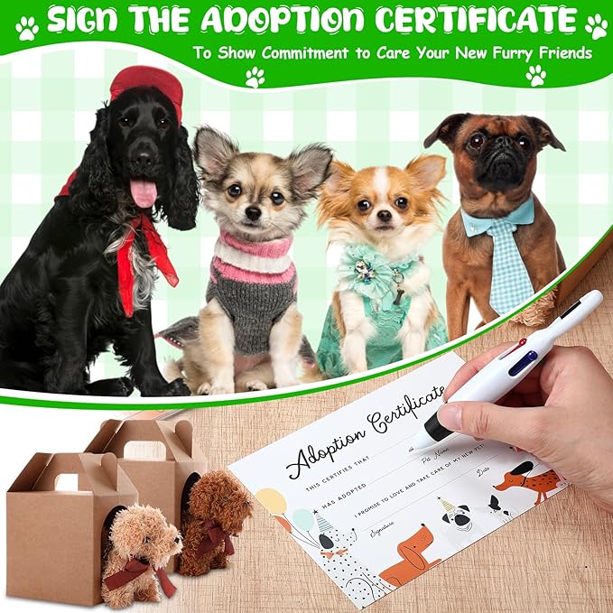 84 Pcs Adopt a Pet Party Favors 24 Mini Plush Stuffed Animals 10 White Plastic Fence 24 Paper Gift Boxes 24 Adoption Cards with Mini Chalkboard and Artificial Lawn(Puppy)