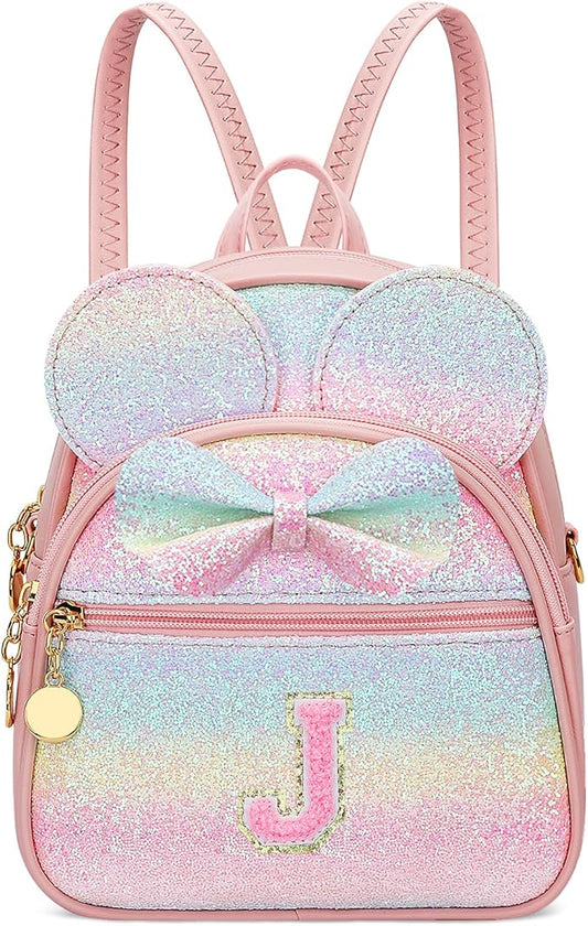 KKXIU Initial Bowknot Mini Backpacks for Girls Women, Small Cute Backpack Purse, Personalized Valentines Day Gifts for Toddler, Kids and Teen Girls(J, Rainbow)