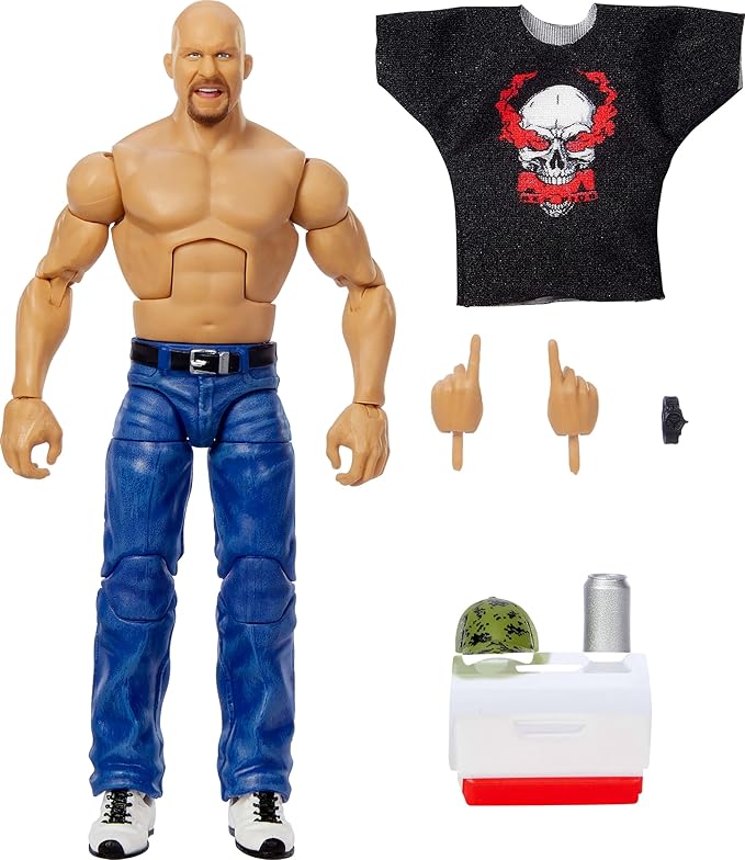 Mattel WWE Top Picks Elite Action Figure & Accessories Set, “Stone Cold” Steve Austin 6-inch Collectible with Swappable Hands, Ring Gear & 25 Articulation Points