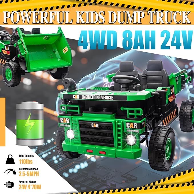 POSTACK XL 24 Volt Kids Ride on Toy, Ride on Construction Vehicle with 4 Powerful Motors Side by Side, 20" Spacious Two Seater Ride On Toddler Car with Electric Dump Bed, Green