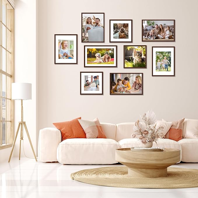 11x17 Picture Frame Brown Set of 2, Photo Frame with HD Plexiglass, Display Pictures 9x15 with Mat or 11x17 Without Mat, Brown Picture Frames Collage Wall Decor, Gallary Wall Frame