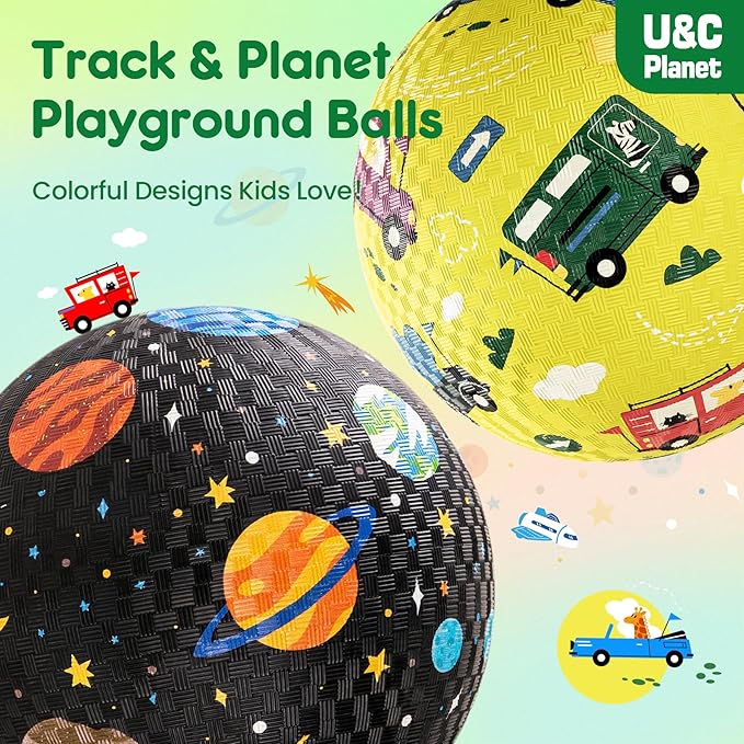 U&C Planet 2 Pack Playground Balls for Toddler Kids, 6 inch 8.5 inch Cartoon Rubber Balls with Pump, Dodgeball Kickball for Outdoor & Indoor Game, Great Gift for Boys Girls Aged 1 and Above
