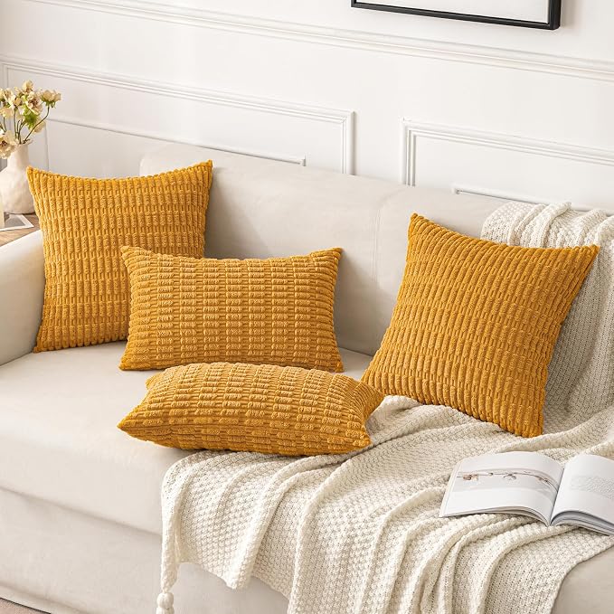 MIULEE Lumbar Corduroy Decorative Throw Pillow Covers 12x20 Gold Yellow | Pack of 2 Soft Boho Striped Pillow Covers Modern Farmhouse Home Decor For Sofa Living Room Couch Bed