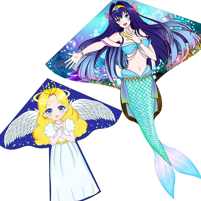 Kites for Adults & Kids Ages 4-8,Beach Kites Easy to Fly for Beginner, with Handle and 328ft Kite String，Best Toy and Gift for Boys & Girls. (Blue Haired Mermaid+Angel, 2)