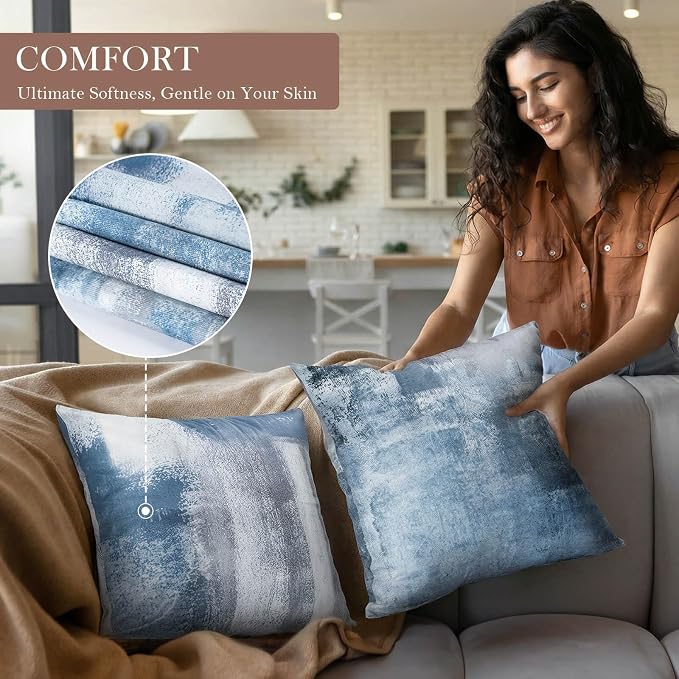 Set of 4 Blue and Grey Abstract Art Artwork Pillow Cover 16 x 16 Inch, Gallery Modern Decorative Throw Pillows Cushion Cover for Bedroom Sofa Living Room | Double-sided vibrant artwork accent cushion covers. Perfect decorative pillows for couch, sofa, ...