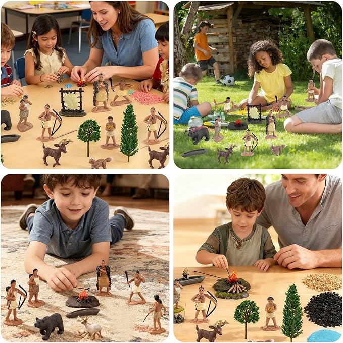 Native American Figurines Set Miniture Indian Figure Toys Indian Figurines for Kids Powhatan Indians Figures Playset Includes Camp Fire Deer Bear Fox Trees for Birthday Diorama School Projects 32 Pcs