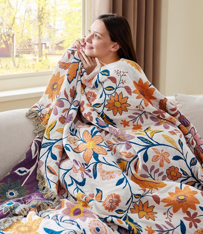100% Cotton Boho Throw Blanket for Home Decor – Classic Farmhouse Quilt Bedding, Muslin Blankets for Adults, Vintage Woven Decorative Blanket for Couch, Bed Layering Use, Botanic Floral, 50"x60"
