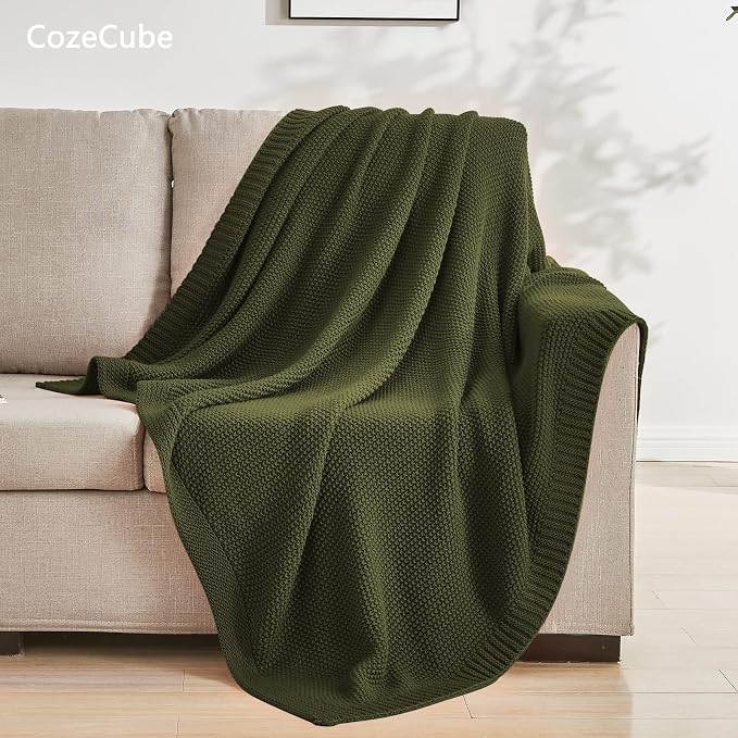 CozeCube Olive Green Seed Stitch Throw Blanket 60"x80", Farmhouse Decor | Blanket for Couch, Soft Cozy Cable Knit Throw for Bed Sofa Living Room, Lightweight Warm Decorative Christmas Blanket