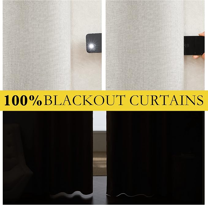 NICETOWN 100% Absolutely Blackout Linen Curtains with Thermal Insulated White Liner, Ivory, W52, 2 Pieces, Back Tab Noise Reducing Textured Linen Look Windows Curtains 90" Length for Classroom