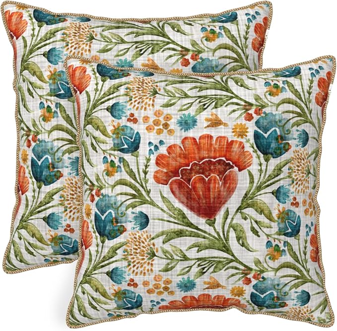 Red Blue Bright Floral Soft Velvet Throw Pillow Covers Set of 2 Colorful Flowers Green Leaf Plant Decorative Pillow Covers 18x18 Inch Boho Rustic Pillow Case For Sofa Couch Living Room Home Decor