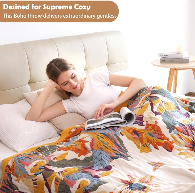 VANJOROY Boho Throw Blanket 100% Organic Cotton 60x80 for Bed Couch, Floral | Cozy Ultra soft, Breathable, Skin-friendly Lightweight,Butterfly Farmhouse Design,Summer Beige Quilt Chair Throw for Gifts