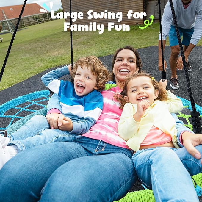 Trekassy 750lbs 40" Spider Web Saucer Tree Swing for Kids Adults, Outdoor Net Swing with Steel Frame and 2 Hanging Straps-Blue+Green (Patented)