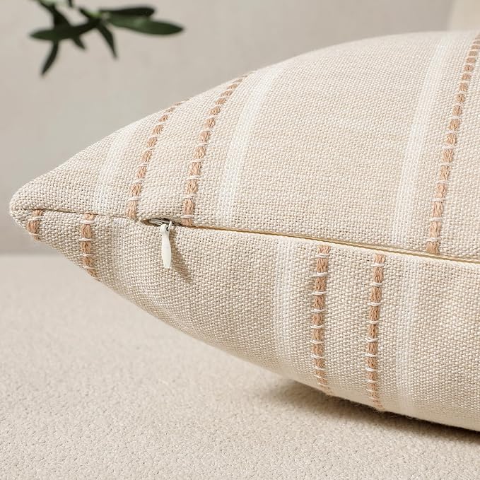 Hckot Throw Pillow Covers 12x20 Set of 2 Striped Pillow Covers Textured Linen Decorative Pillows Lumbar Cushion Covers for Sofa Couch Bed Living Room Farmhouse Decor, Khaki
