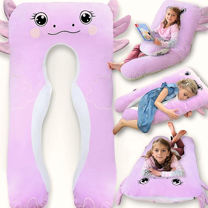 LUNAMIRA Axolotl Kids Body Pillow - 47" U-Shape Long Plush Soft Animal Pillow for Kids, Sleeping, Reading, ADHD & Special Needs Comfort, Anxiety, Washable Cover, Snuggle Fun Cuddle for Boys & Girls