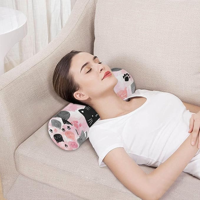 Cat Faces and Paw Print Neck Roll Pillow Bolster Round Health Memory Foam Long Cervical Cylinder Pillows with Removable Washable Cover for Body Bed Legs Back Yoga