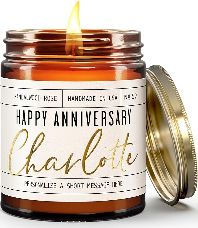PERSONALIZED Anniversary Gifts for Girlfriend or Wife - 'Happy Anniversary' Candle, w/Sandalwood Rose I Perfect Year Anniversary Gift for Her I 50Hr Burn, USA Made