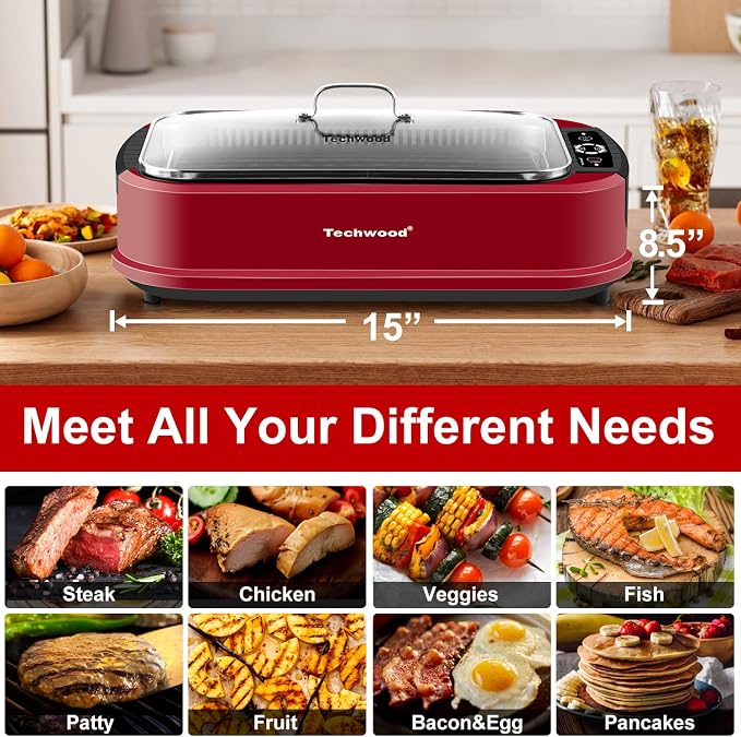 Indoor Smokeless Grill, Techwood 1500W Electric Indoor Grill with Tempered Glass Lid, Portable Non-stick Korean BBQ, Turbo Smoke Extractor Technology, Drip Tray& Double Removable Plate, Red