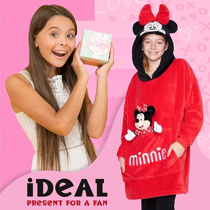 Disney Blanket Hoodie with Plushie and 3D Ears Wearable Comfy Oversized Sweatshirt Sherpa Fleece Blanket Gifts for Kids
