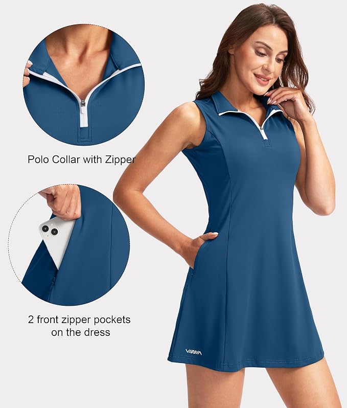 Viodia Women's Tennis Golf Dress with Shorts | Active, Exercise, Workout, Sports, Athletic, Dresses for Women, with Zipper Pockets