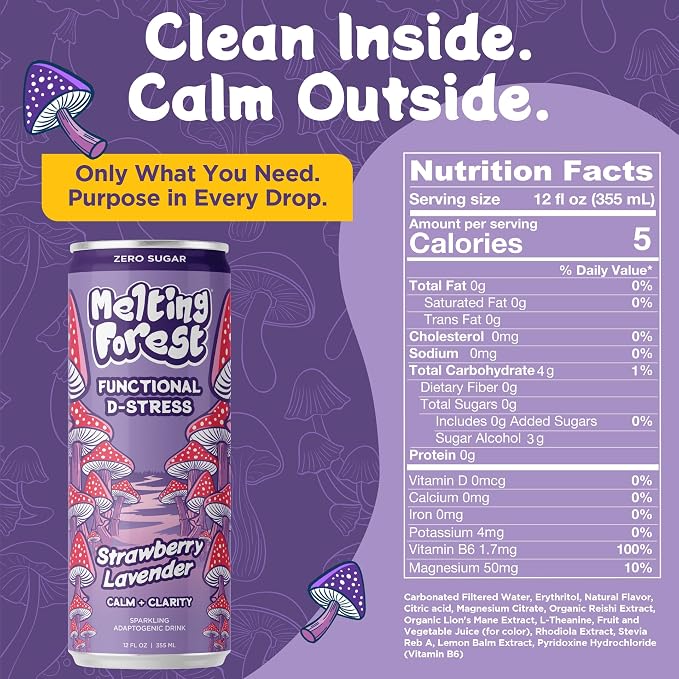 Melting Forest Functional Mushroom D-Stress - Adaptogen Drink w/L-Theanine, Reishi, Lion's Mane & Magnesium - Relaxation Drinks for Stress Relief - 0 Sugar, 5 Calories - Strawberry Lavender (12-Pack)