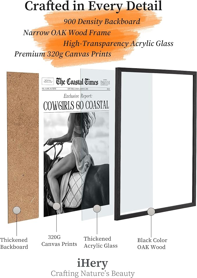 iHery 8x10in Cowgirls Go Coastal Framed Newspaper Wall Art | Premium Black Natural OAK Wood Frame with Canvas Print, Western Horseback Decor for Bedroom, Dorm, Living Room 1Pack