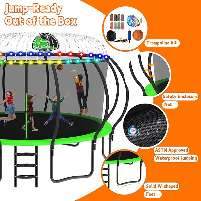DeepRoar 2026 Upgraded 8/10/12/14/15/16FT Pumpkin Tranpoline for Kids, Heavy Duty 1500LBS Outdoor Tranpoline Set with Basketball Hoop, Light, Sprinkler & Socks, Recreational Trampolings, ASTM Approved