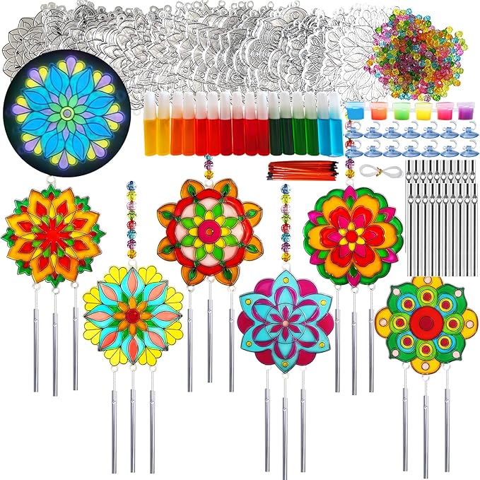 Ayhuhra 30 Sets Mandala Suncatchers Wind Chimes Craft Kits DIY Window Art Suncatcher Mandala Flower Craft Art Kit for Spring Summer Party Activities Art Project Party Favors