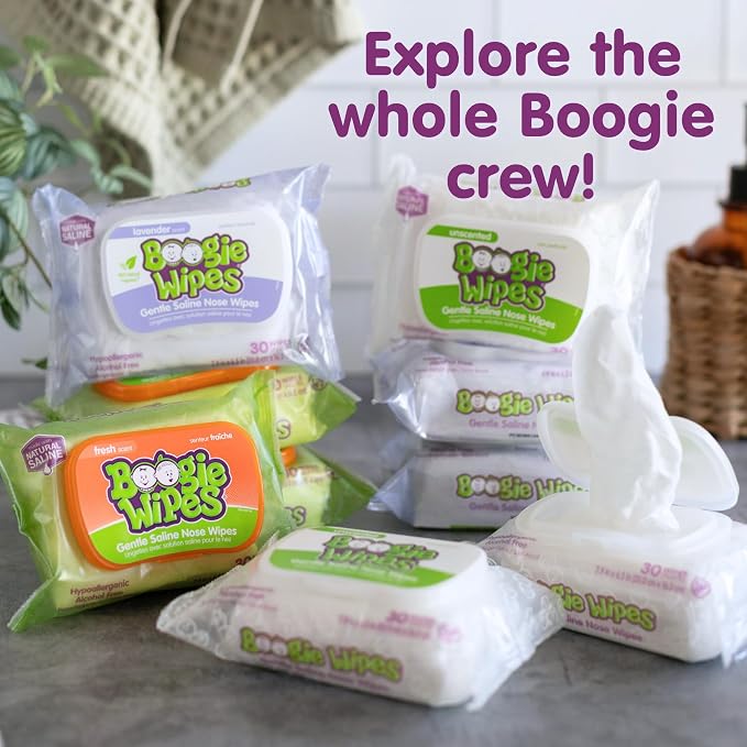 Boogie Wipes Saline Nose Wipes - 45 Count - Fresh Scent, Hypoallergenic & Alcohol-Free - Allergy Relief - Made with Natural Saline, Aloe, Chamomile & Vitamin E - Diaper Bag Essential