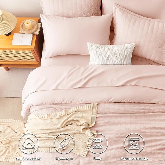 CozyLux Twin XL Comforter Set with Sheets Seersucker Blush Pink 5 Pieces Bed in a Bag, Twin Extra Long Luxury Bedding Sets for College Dorm with Down Alternative Comforter, Sheets, Pillowcase & Sham