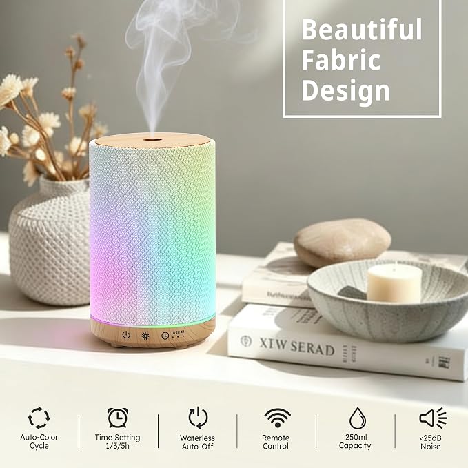 Essential Oil Diffuser 150ml, Fabric Texture Ultrasonic Aromatherapy Diffuser with 1/2/4H Timer, 7 Color Lights, Auto Shut-Off, Ultra-Quiet for Bedroom Home Office (White)