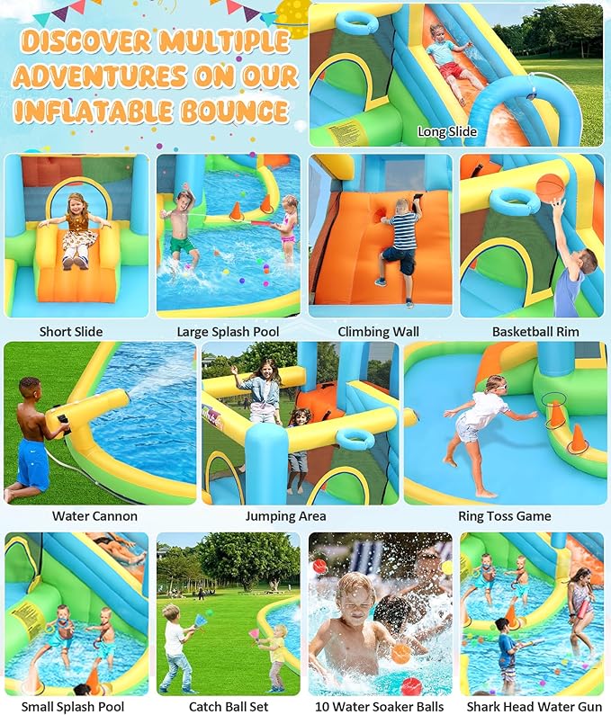 12.8x12FT Water Slide Bounce House for Kids, 12-in-1 Inflatable Water Park with Catch Ball Set/Toss Rings/Water Soaker Balls/Water Gun/Basketball/Splash Pool/Water Cannon/Climbing Wall/Basketball Hoop