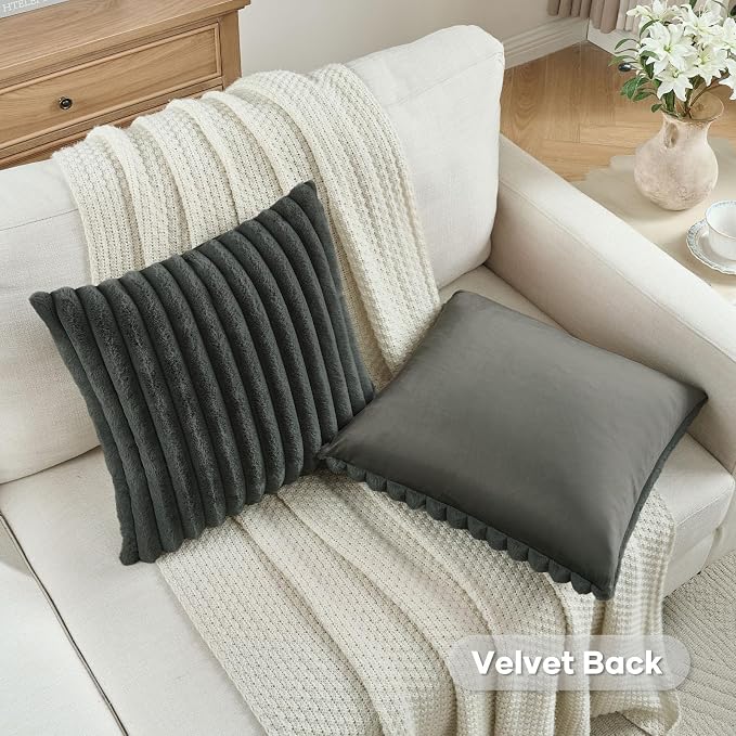 FUTEI Pack of 2 Faux Fur Throw Pillow Covers 26x26 Inch, Dark Grey | Fluffy Faux Rabbit Fur Front/Premium Velvet Back,Hidden Zipper,Machine Washable,Non-Shedding,Colorfast,Insert Not Included.