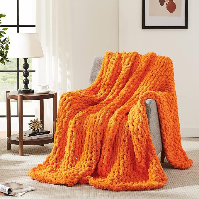 L'AGRATY Chunky Knit Throw Blanket for Couch 60'' x 80'' Knit Throw, Orange | Handmade Chenille Crochet Blanket for Sofa Bed, Thick Cable Knitted Blankets for Room Home Decor, Birthday Gift for Women Mom