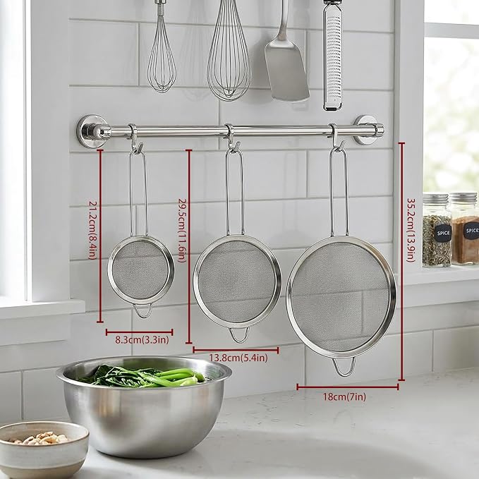 3PCS Fine Mesh Strainers for Kitchen, Stainless Steel Metal Wire Sieve Strainer, Food Strainer with Handlle for Sifting, Straining and Cooking