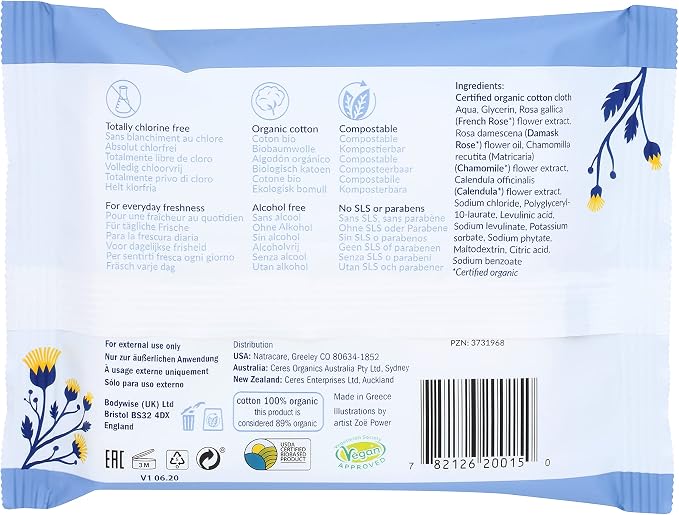 Natracare Organic Cotton Intimate Wipes Infused with Organic Essential Oils of Chamomile, Calendula and French Rose, 12 Wipes per pack (24 Pack, 288 wipes total)