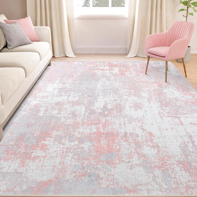 RELEANY Washable 6'x8' Abstract Area Rug for Living Room Gray Pink | carpet for bedroom, kitchen, office, hallway and entryway, printed pattern, non-slip, soft, stain-resistant, easy to clean